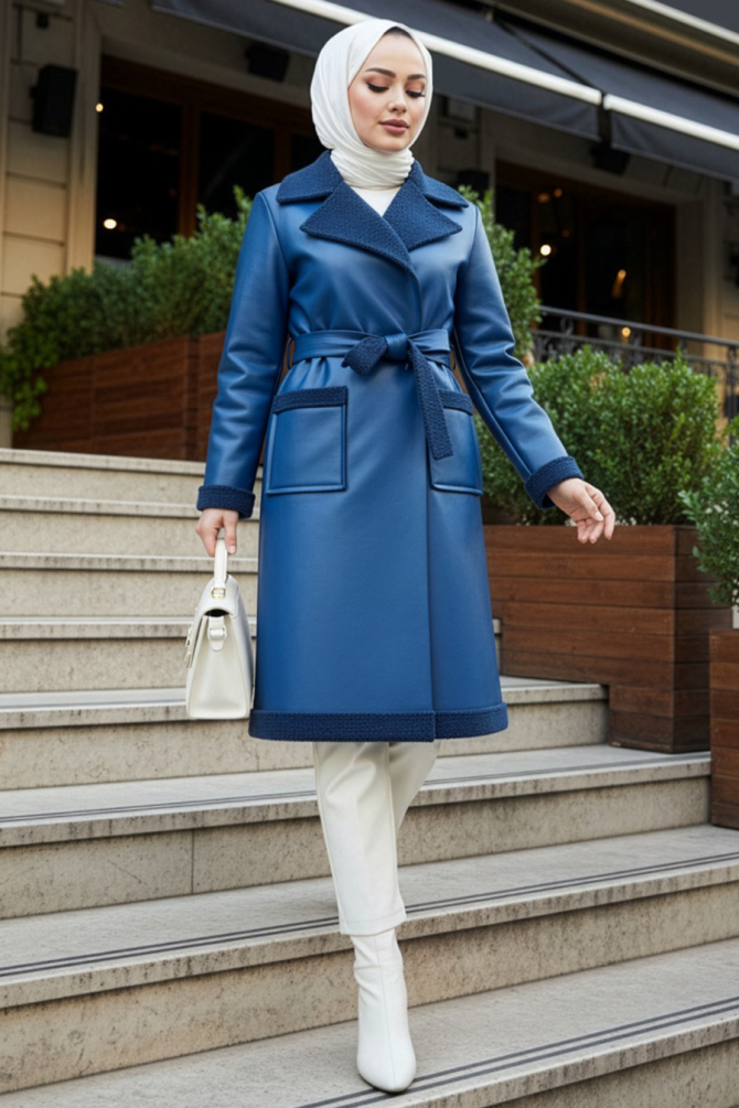 Kürk Detaylı İndigo Mavisi Tesettür Suni Deri Mont 62391IM - 1