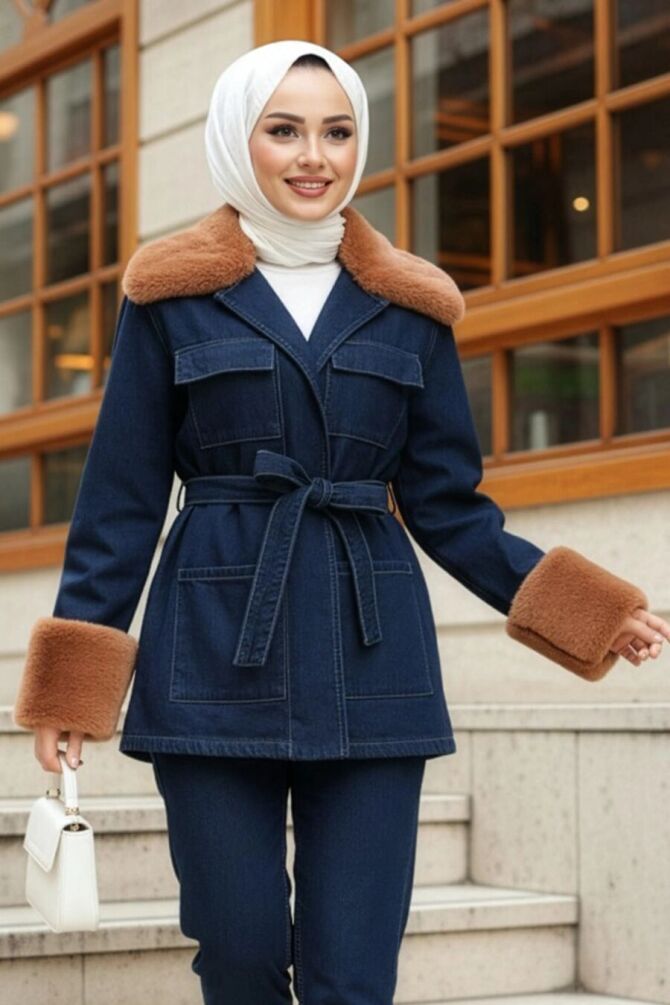 Kürk Detaylı Lacivert Tesettür Kot Ceket 80341L - N.S NEVA STYLE