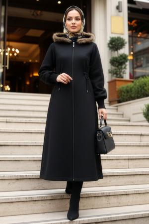 Kürk Detaylı Siyah Tesettür Kaşe Kap 6265S - N.S NEVA STYLE