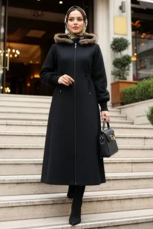 Manteau long en drap de laine avec finitions en fausse fourrure – Noir 6265S - 1