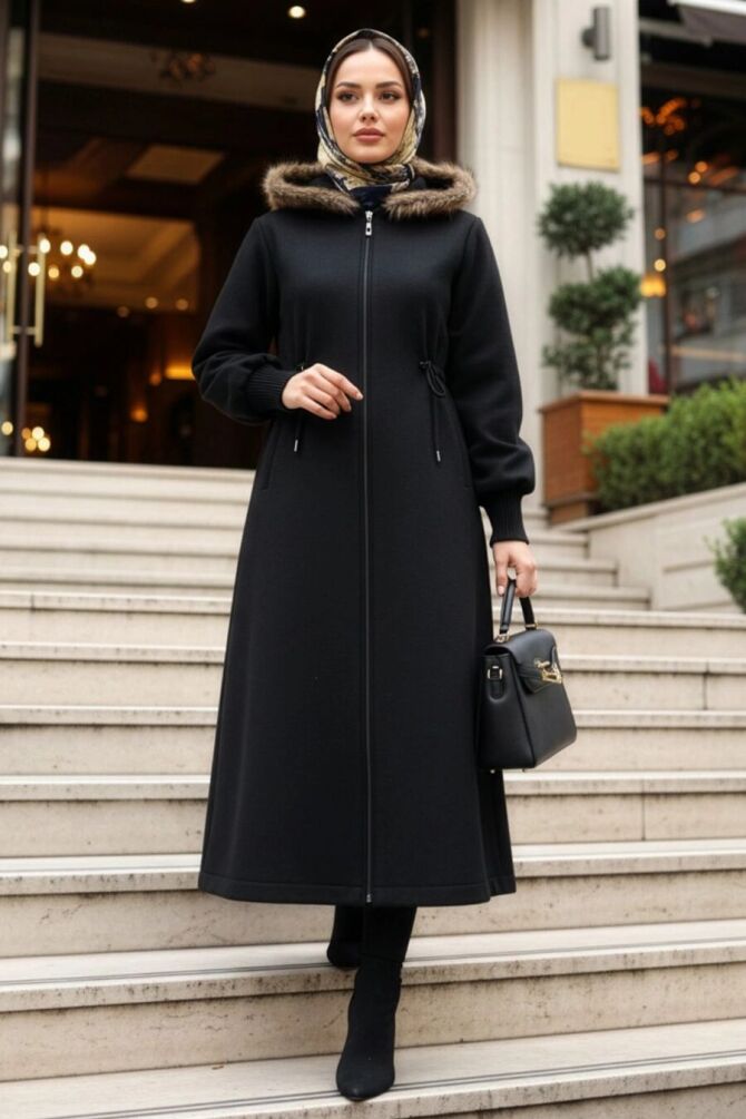 Manteau long en drap de laine avec finitions en fausse fourrure – Noir 6265S - 1