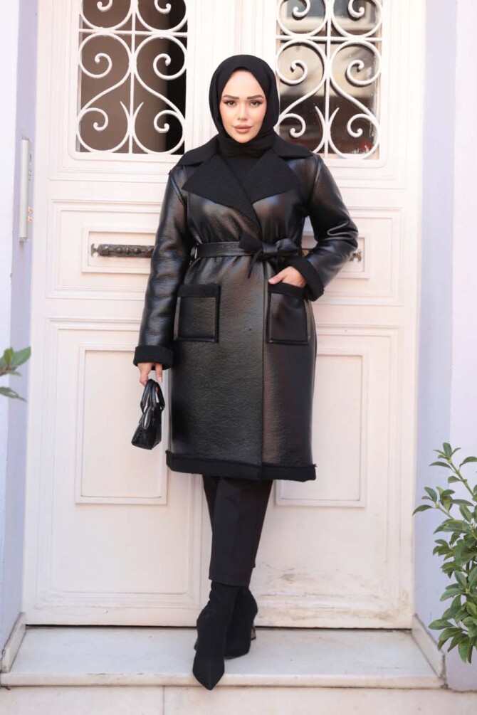 Kürk Detaylı Siyah Tesettür Suni Deri Mont 62391S - 2