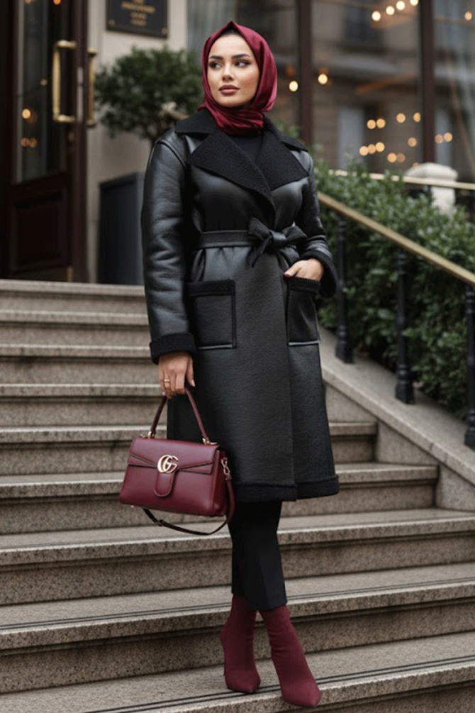 Kürk Detaylı Siyah Tesettür Suni Deri Mont 62391S - N.S NEVA STYLE