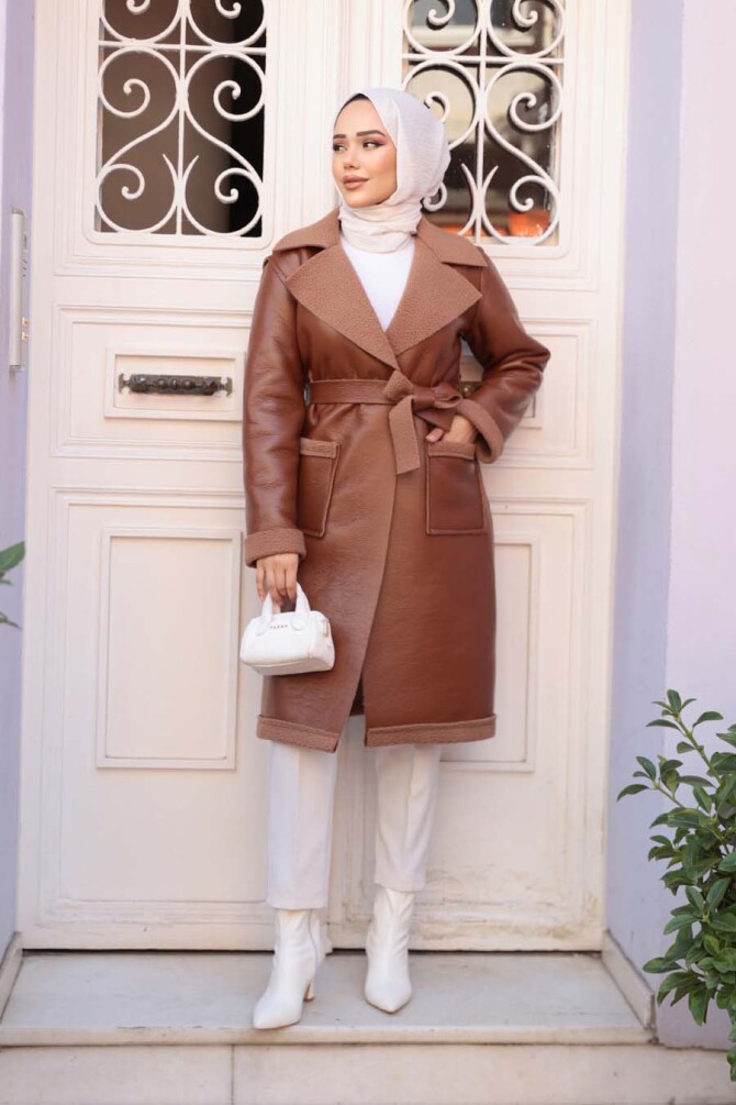 Kürk Detaylı Taba Tesettür Suni Deri Mont 62391TB - 2