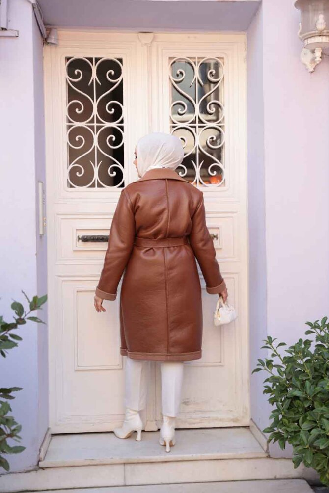 Kürk Detaylı Taba Tesettür Suni Deri Mont 62391TB - 3