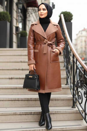 Kürk Detaylı Taba Tesettür Suni Deri Mont 62391TB - N.S NEVA STYLE