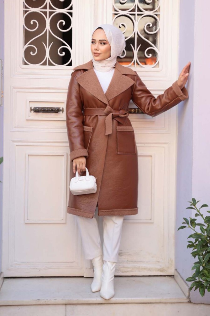 Kürk Detaylı Taba Tesettür Suni Deri Mont 62391TB - N.S NEVA STYLE