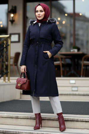 Kürklü Kapşonlu Lacivert Tesettür Parka 60650L - N.S NEVA STYLE
