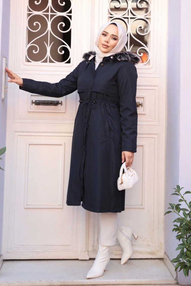 Kürklü Kapşonlu Lacivert Tesettür Parka 60650L - 2