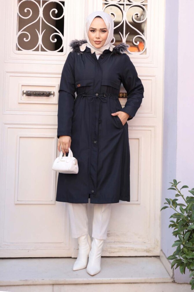Kürklü Kapşonlu Lacivert Tesettür Parka 60650L - 1