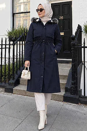 Kürklü Kapşonlu Lacivert Tesettür Parka 60650L - N.S NEVA STYLE