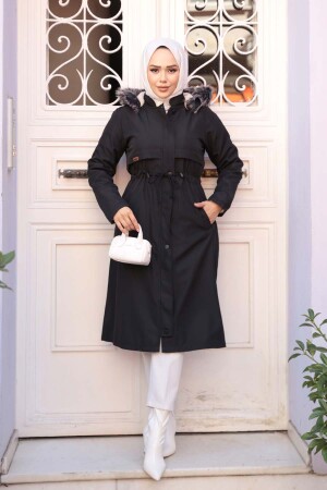 Kürklü Kapşonlu Siyah Tesettür Parka 60650S - 1