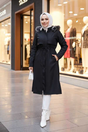 Kürklü Kapşonlu Siyah Tesettür Parka 60650S - N.S NEVA STYLE