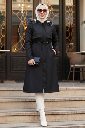 Kürklü Kapşonlu Siyah Tesettür Parka 60650S - N.S NEVA STYLE