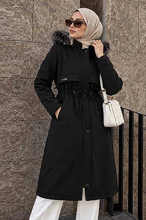 Kürklü Kapşonlu Siyah Tesettür Parka 60650S - N.S NEVA STYLE