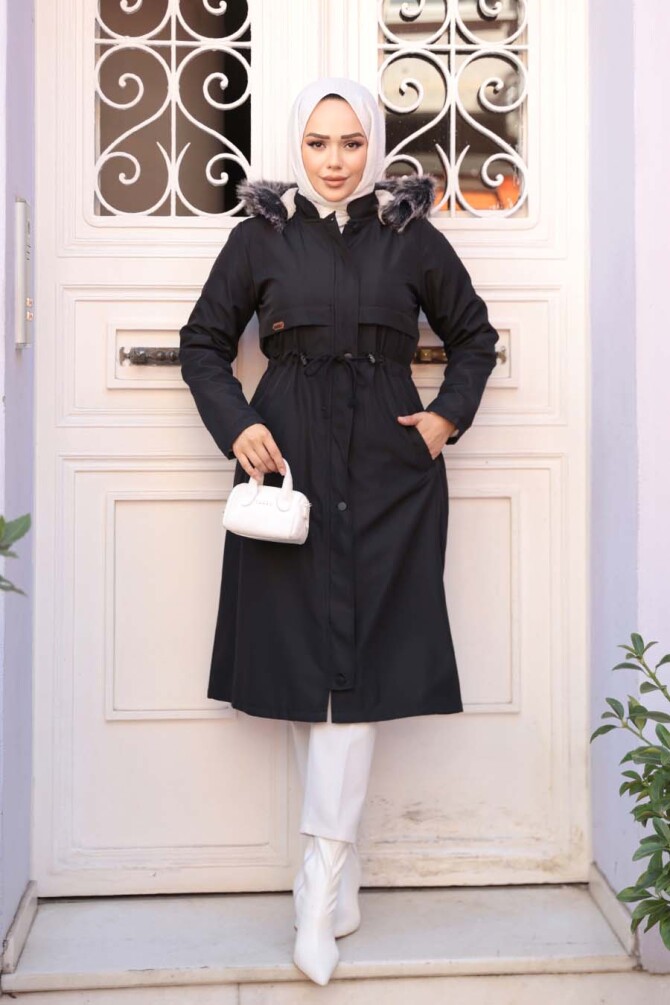 Kürklü Kapşonlu Siyah Tesettür Parka 60650S - N.S NEVA STYLE