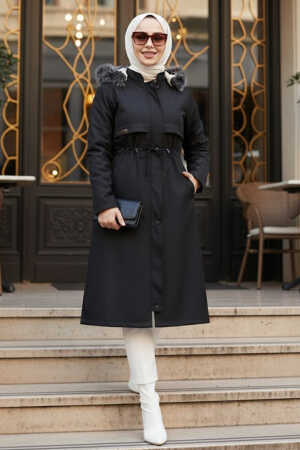 Kürklü Kapşonlu Siyah Tesettür Parka 60650S - N.S NEVA STYLE