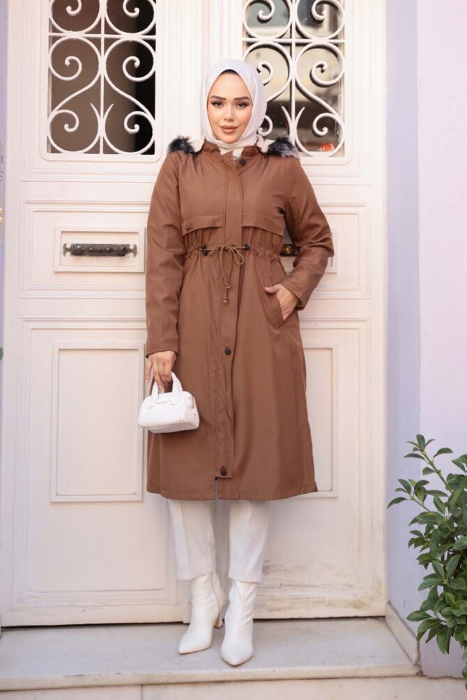 Kürklü Kapşonlu Taba Tesettür Parka 60650TB - 1