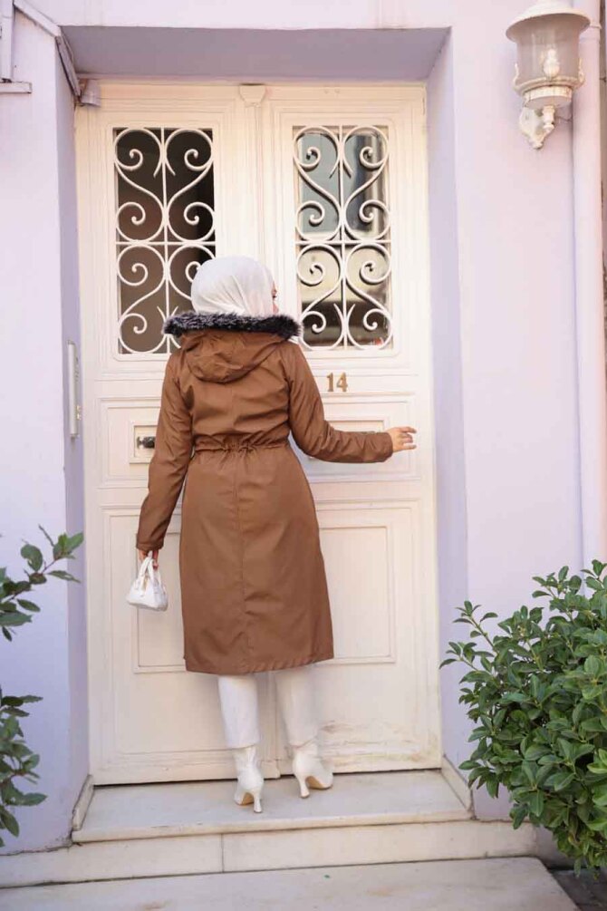 Kürklü Kapşonlu Taba Tesettür Parka 60650TB - 4