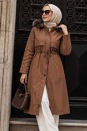 Kürklü Kapşonlu Taba Tesettür Parka 60650TB - N.S NEVA STYLE
