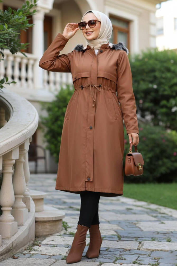 Kürklü Kapşonlu Taba Tesettür Parka 60650TB - 1