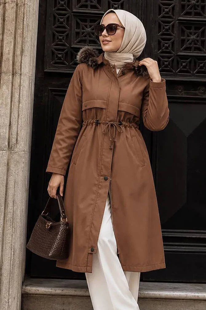 Kürklü Kapşonlu Taba Tesettür Parka 60650TB - N.S NEVA STYLE