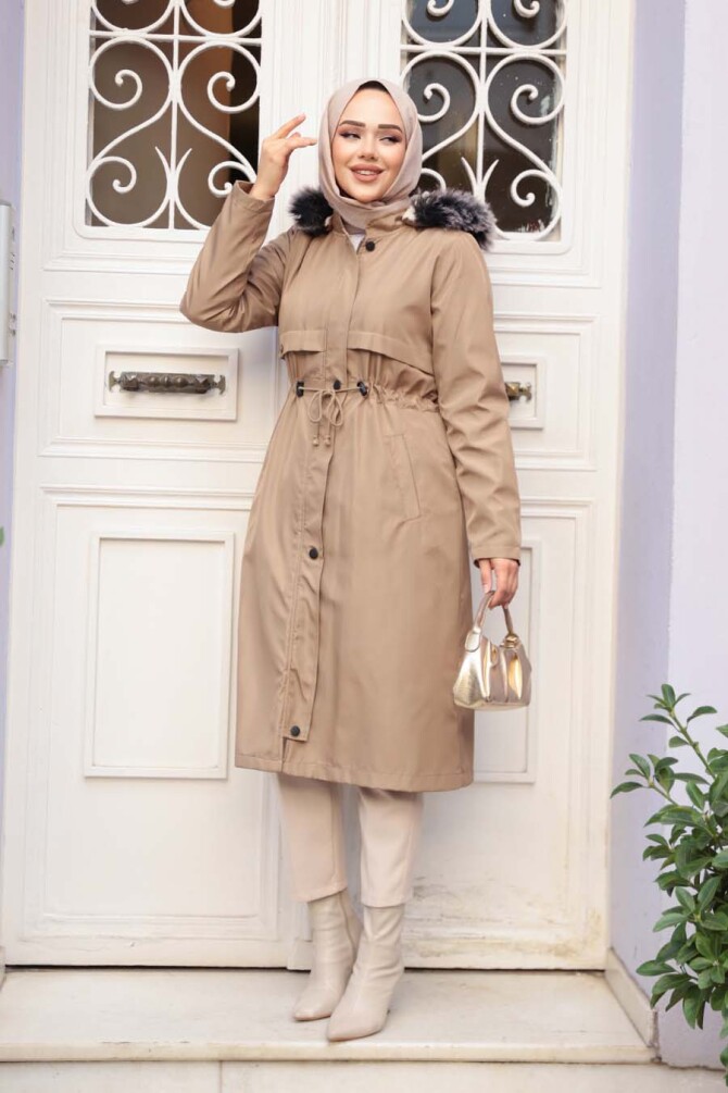 Kürklü Kapşonlu Vizon Tesettür Parka 60650V - 1