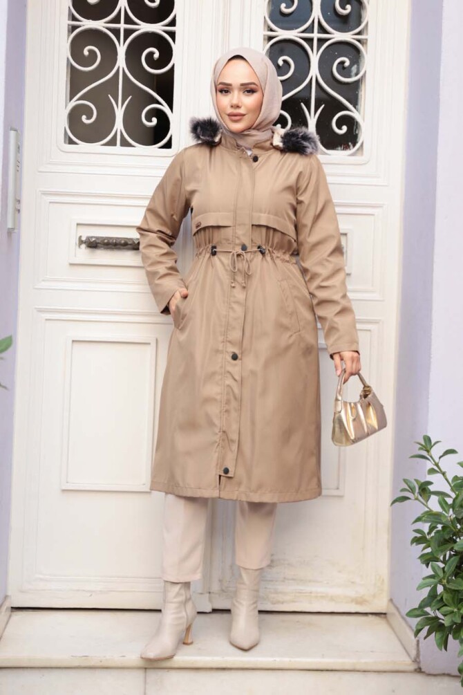 Kürklü Kapşonlu Vizon Tesettür Parka 60650V - 2