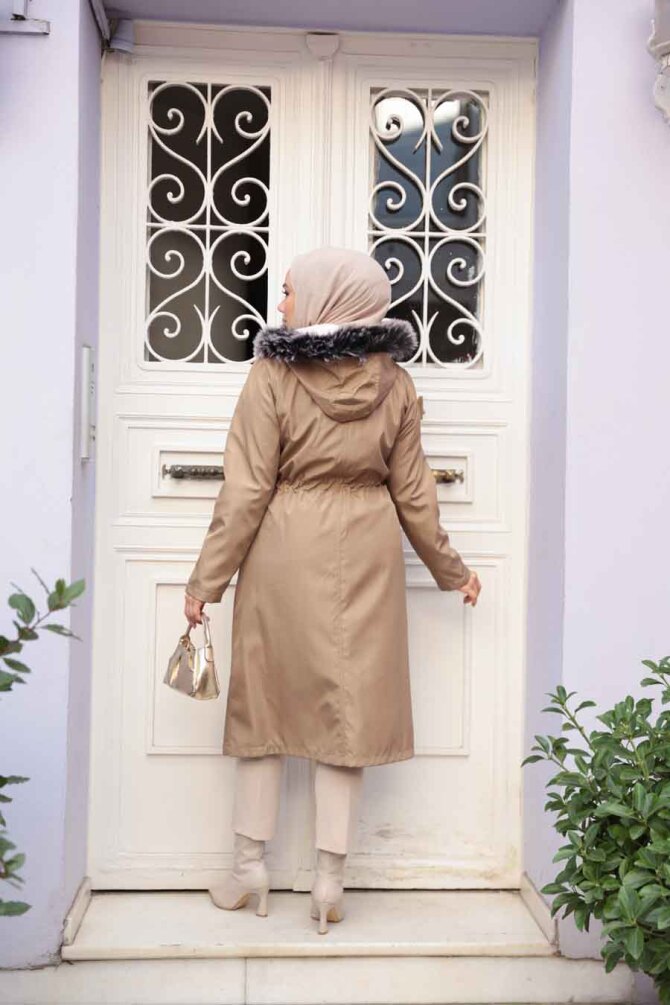 Kürklü Kapşonlu Vizon Tesettür Parka 60650V - 3