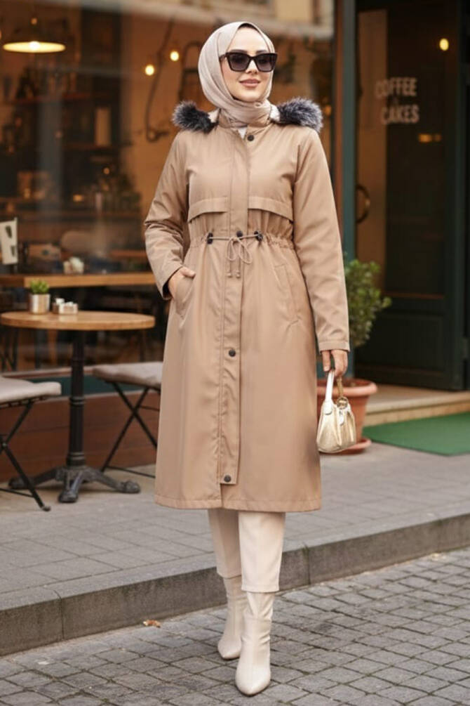 Kürklü Kapşonlu Vizon Tesettür Parka 60650V - 1