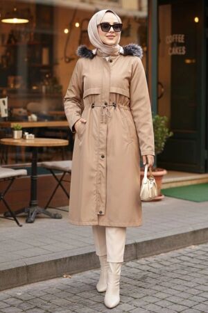 Kürklü Kapşonlu Vizon Tesettür Parka 60650V - N.S NEVA STYLE