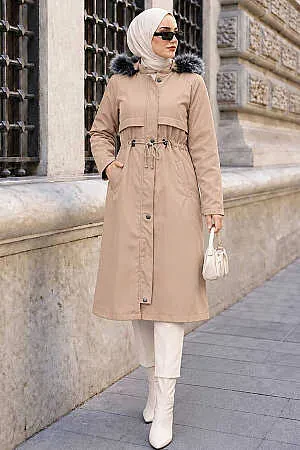 Kürklü Kapşonlu Vizon Tesettür Parka 60650V - N.S NEVA STYLE