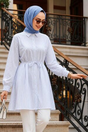 Kuşaklı Çizgili Poplin Mavi Tesettür Tunik 155971M 