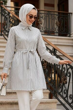 Kuşaklı Çizgili Poplin Siyah Tesettür Tunik 155971S 