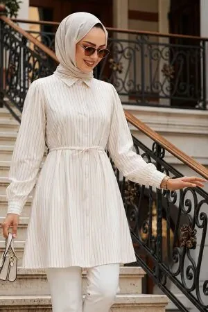 Kuşaklı Çizgili Poplin Taş Tesettür Tunik 155971TAS 