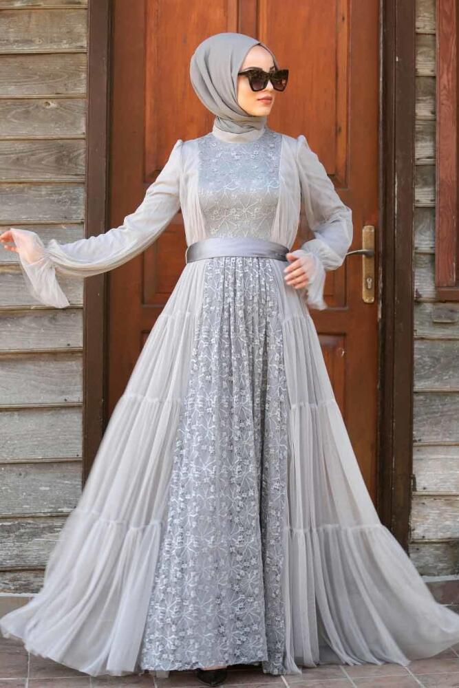 Kuşaklı Gri Tesettür Abiye Elbise 3963GR - 1