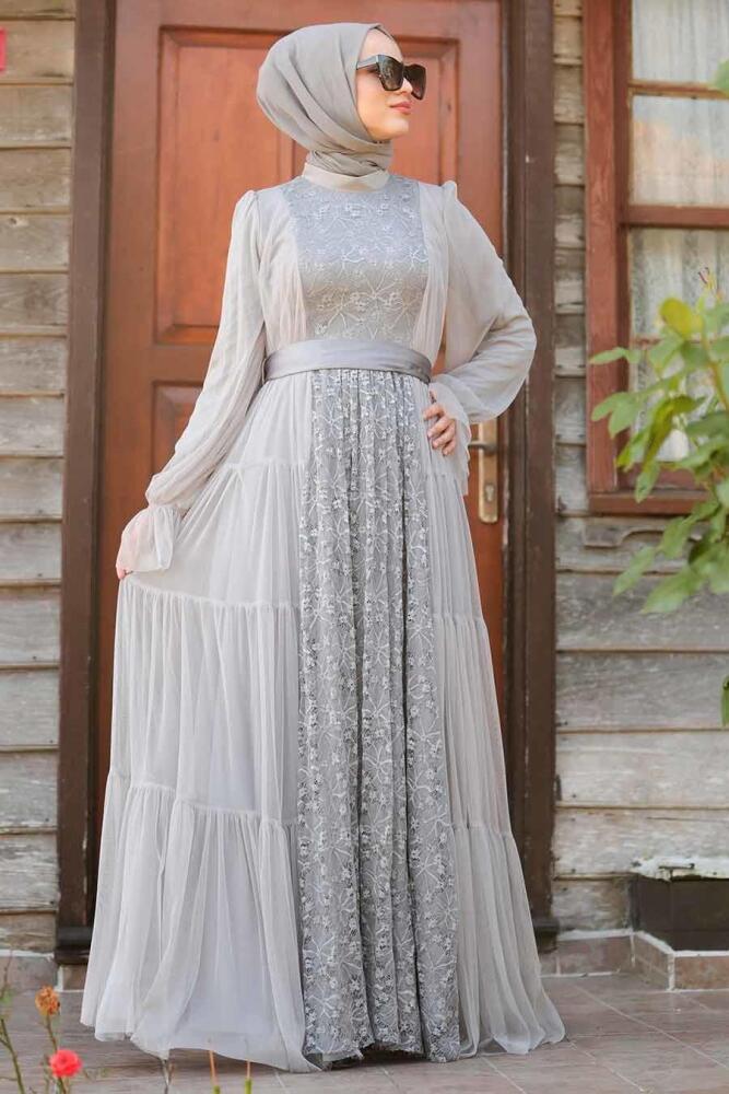 Kuşaklı Gri Tesettür Abiye Elbise 3963GR - 2