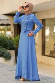Kuşaklı İndigo Mavisi Tesettür Elbise 39710IM - Thumbnail