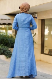 Kuşaklı İndigo Mavisi Tesettür Elbise 39710IM - Thumbnail