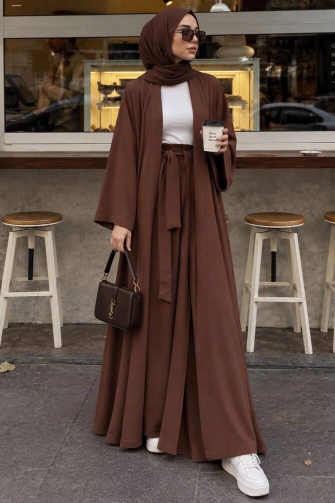 Kuşaklı Kahverengi Marakeş Kimono Tesettür Takım 1403KH - N.S NEVA STYLE