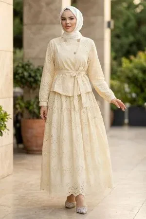 Kuşaklı Peplum Brode Bej Tesettür Takım 50031BEJ - 1