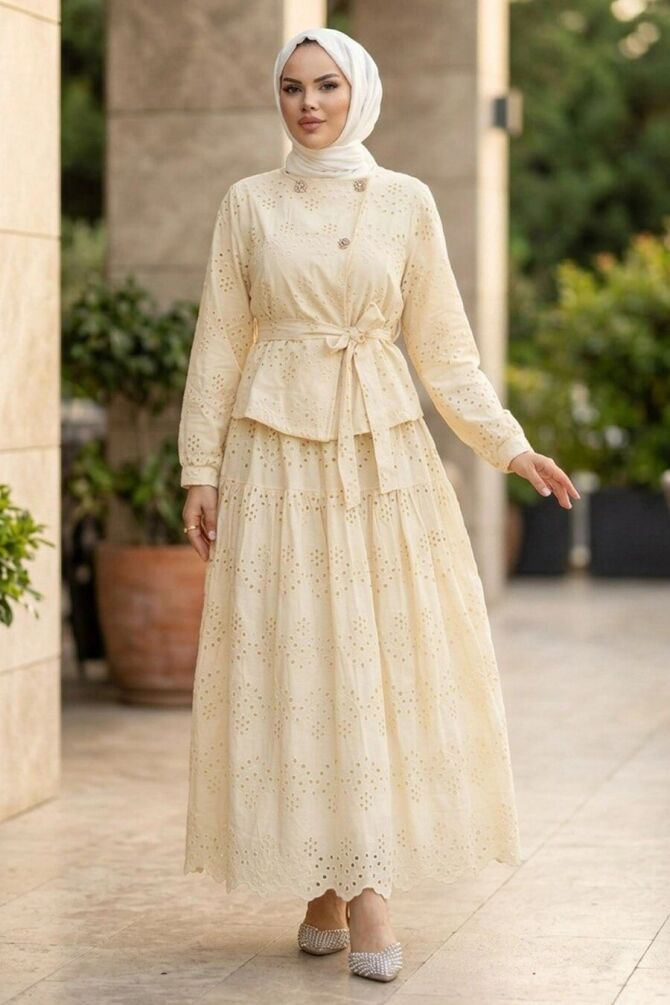 Kuşaklı Peplum Brode Bej Tesettür Takım 50031BEJ - 1