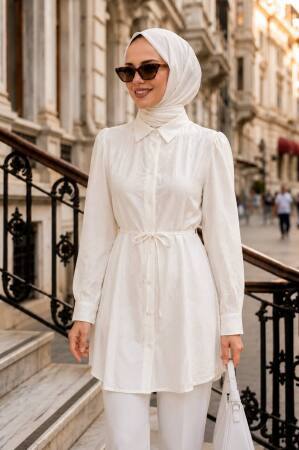 Kuşaklı Poplin Ekru Tesettür Tunik 15597E 