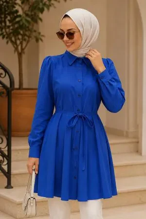 Kuşaklı Poplin Sax Mavisi Tesettür Tunik 15597SX 