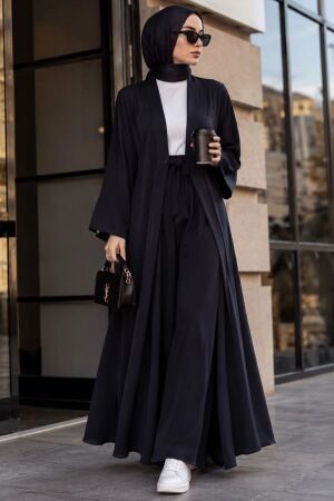 Kuşaklı Siyah Marakeş Kimono Tesettür Takım 1403S - 1