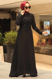 Kuşaklı Siyah Tesettür Elbise 39710S - Thumbnail