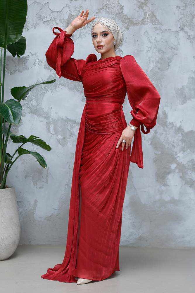 Kuyruk Detaylı Bordo Tesettür Abiye Elbise 48491BR - 1