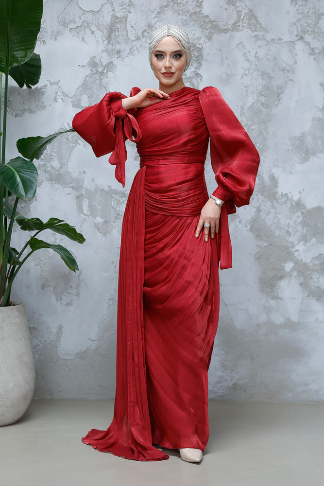 Kuyruk Detaylı Bordo Tesettür Abiye Elbise 48491BR - 2