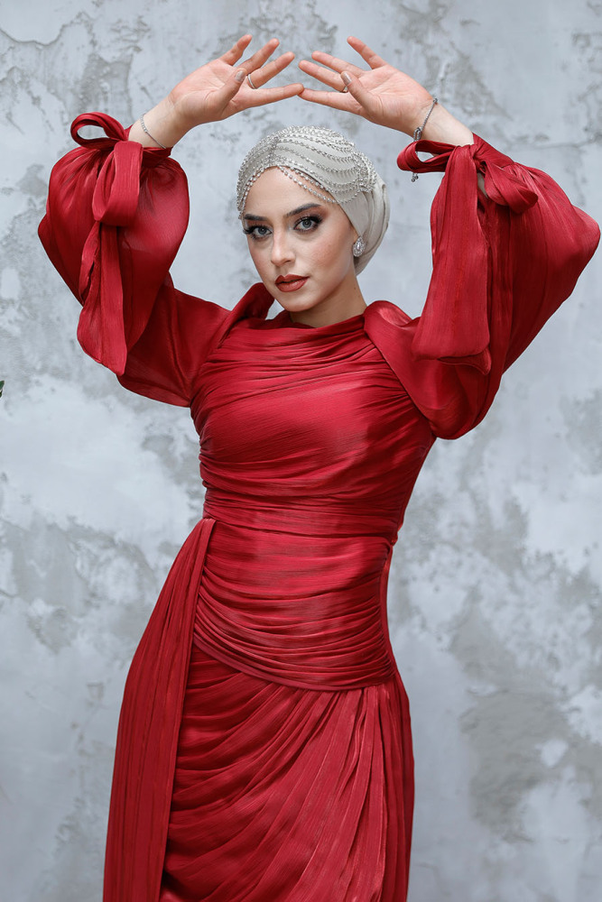 Kuyruk Detaylı Bordo Tesettür Abiye Elbise 48491BR - 3