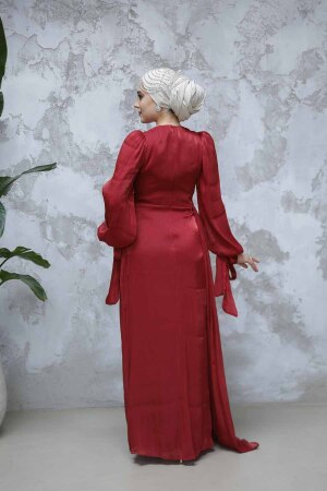 Kuyruk Detaylı Bordo Tesettür Abiye Elbise 48491BR - 4